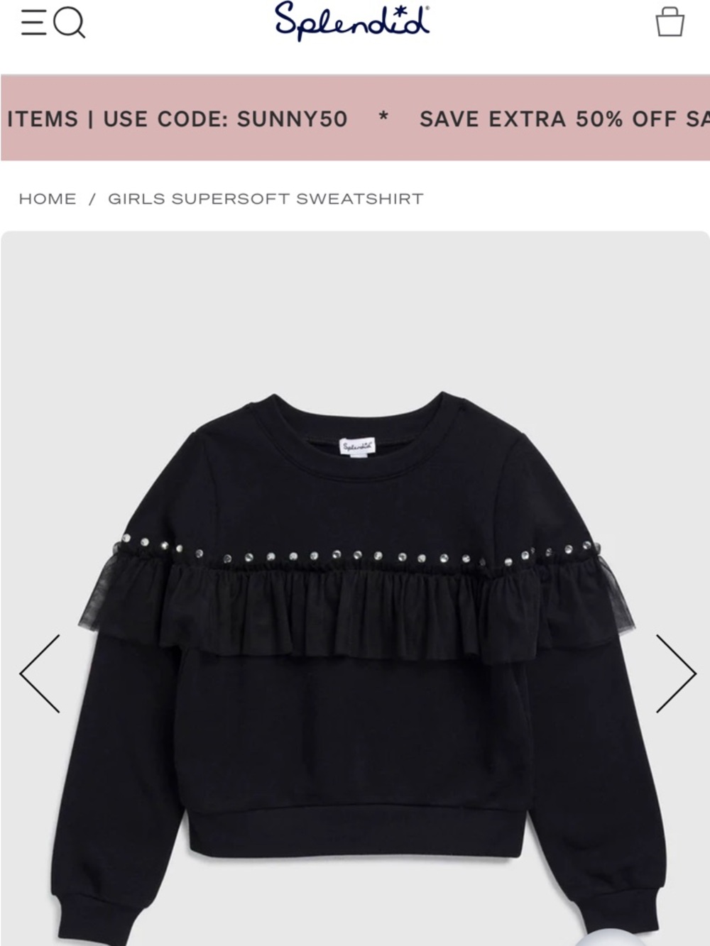 Splendid Black Girls' Ruffle Sweatshirt with Stud Detail